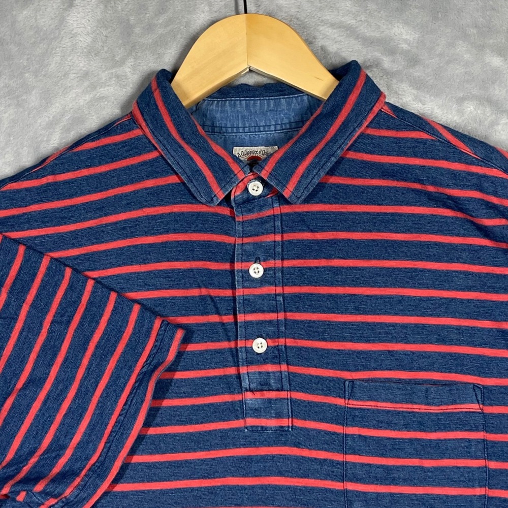 Faherty Brand Mens Large Indigo Dyed Striped Polo Shirt Blue Red Cotton Pocket